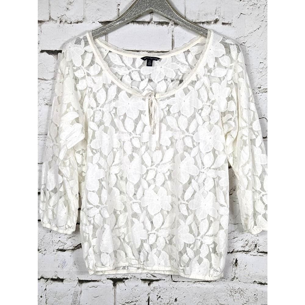 AMERICAN EAGLE Boho Cottage Peasant Romantic Embroidered Lace Mesh Blouse Medium